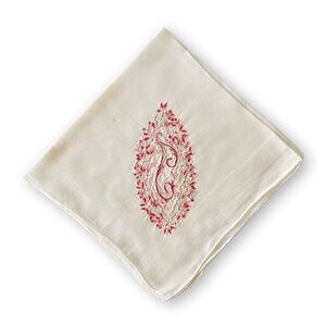 Antique Midcentury White Letter J Monogram Pink Floral Embroidered Handkerchief